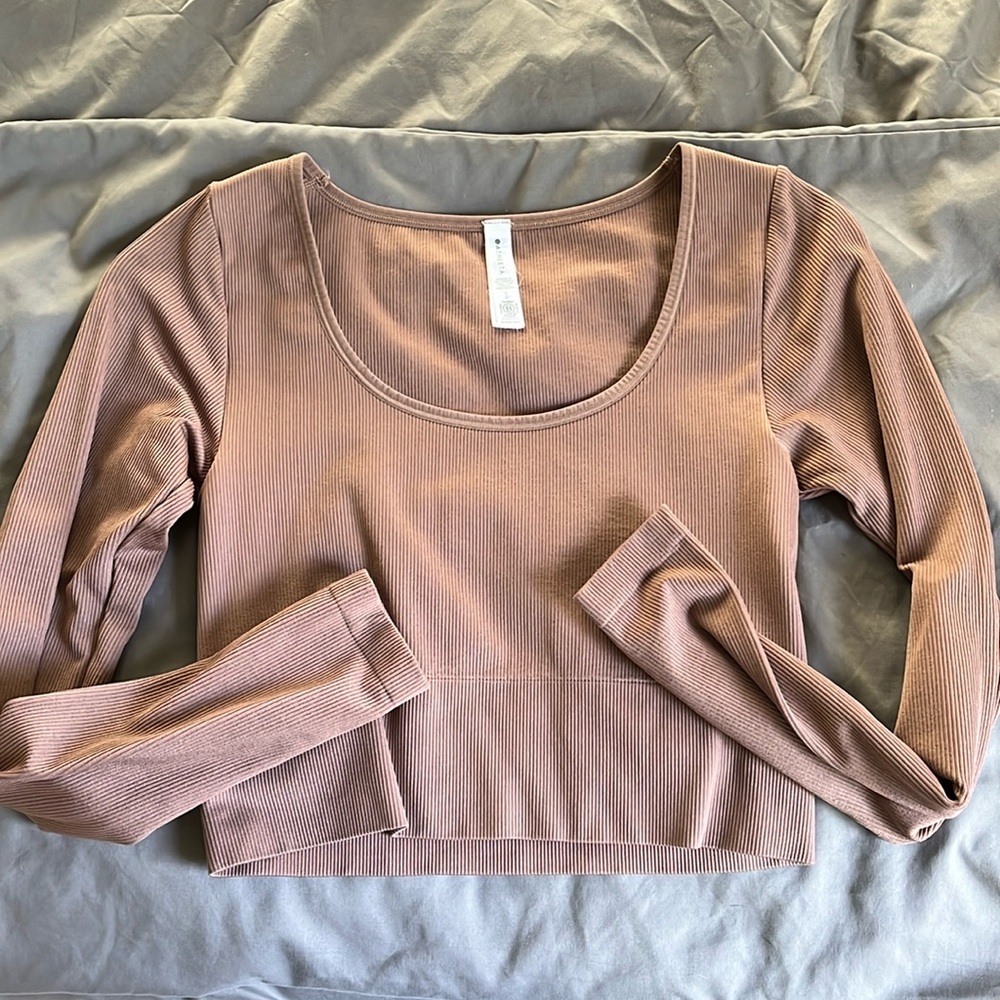 Athleta ribbed crop long sleeve tee in stretch nylon/spandex in Caramel